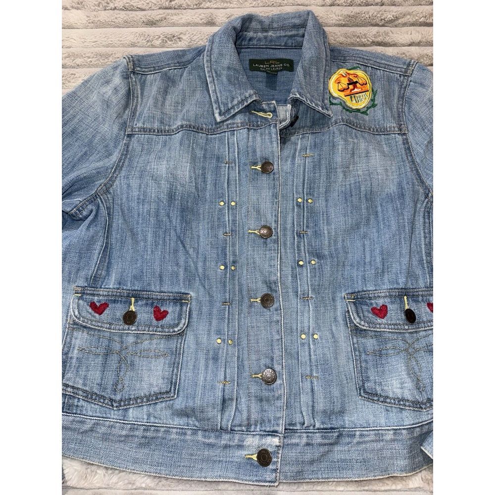 LRL Ralph Lauren Jacket XL Blue Denim Cotton Trucker Patchwork Hearts Libra Vine - Picture 3 of 15